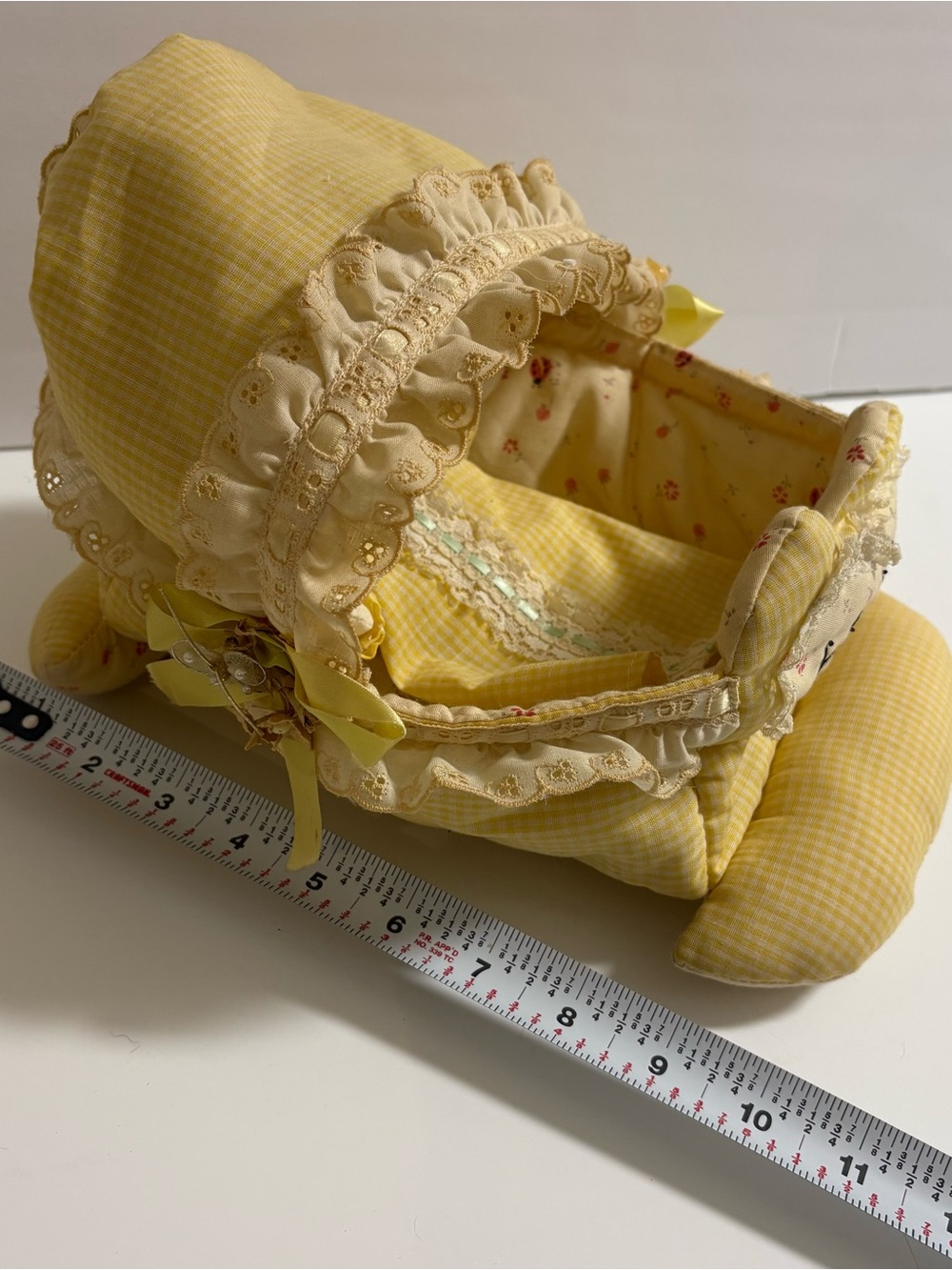Vintage Handmade Baby Doll Bed Bassinet & Doll Cuddle Plush Yellow Lace Gingham - Picture 12 of 13